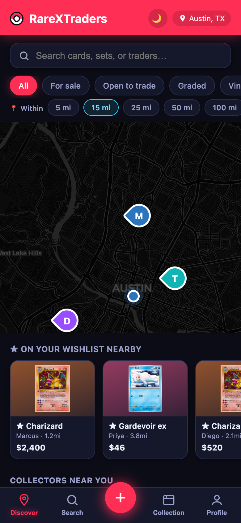 RareXTraders app showing collectors nearby on a map